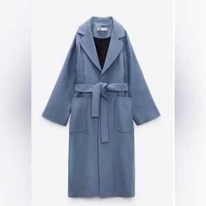 Zara coat 100% wool belted dusty blue lapel collar